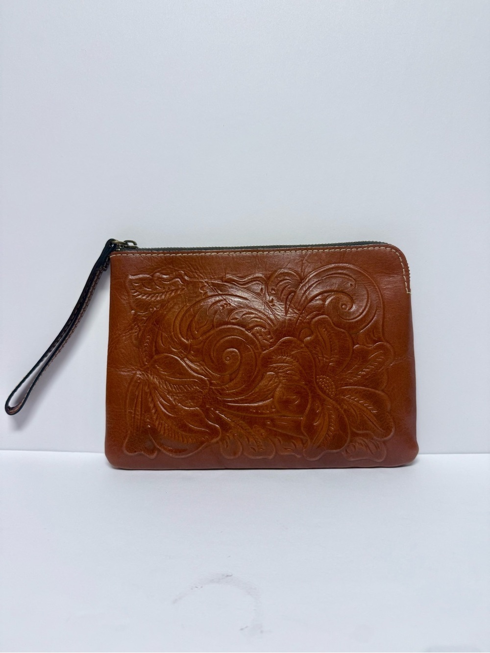Patricia Nash Tooled Leather Wristlet Clutch in Warm Cognac